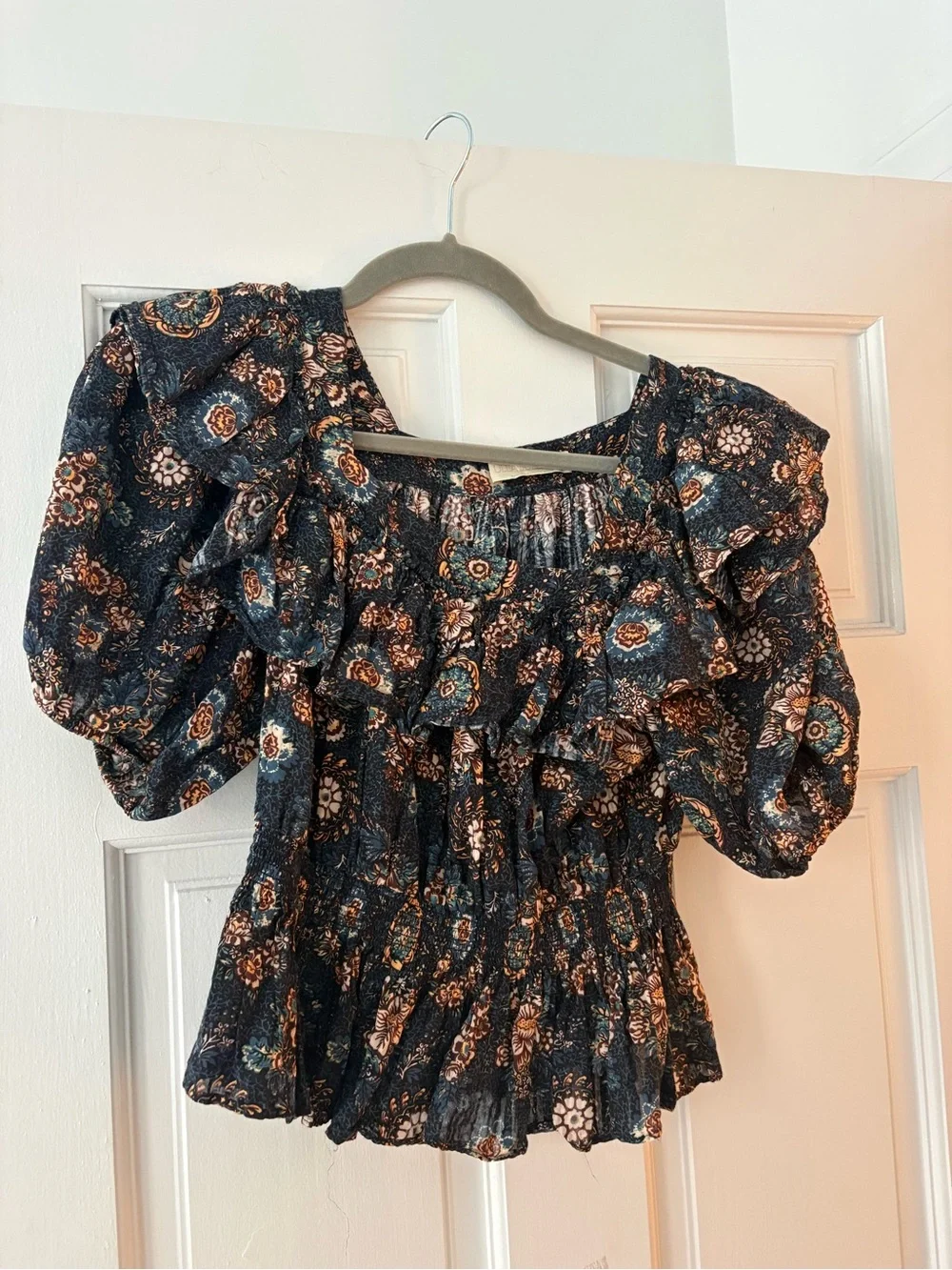 Ulla Johnson Navy Floral Puff-Sleeve Smocked Blouse